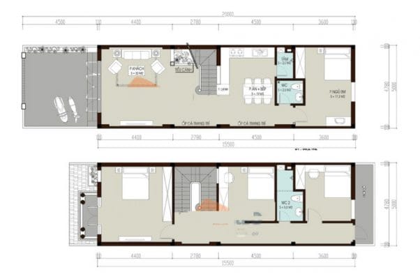 Bản vẽ thiết kế nhà ống 2 tầng 5x20
