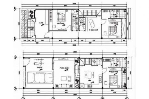 Bản vẽ thiết kế nhà ống 2 tầng 5x20