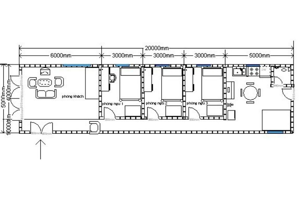 Bản vẽ thiết kế nhà ống 5x20m 1 tầng
