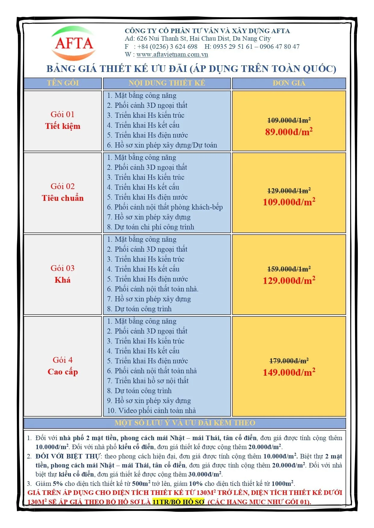Bảng báo giá thiết kế khách sạn của AFTA
