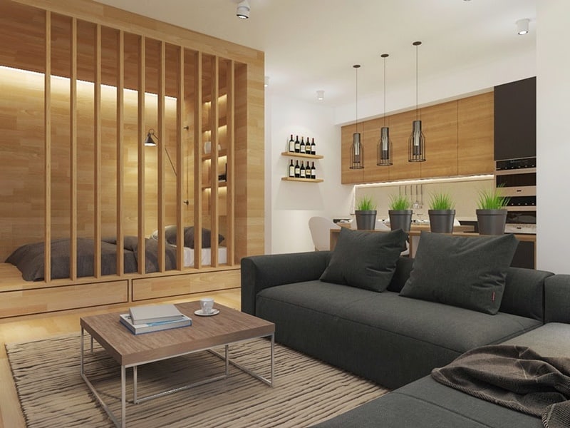 Mẫu thiết kế căn hộ studio 30m2 dùng nội thất gỗ 