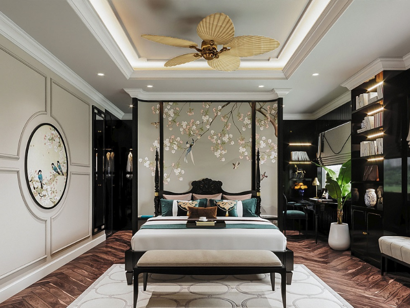 Phòng ngủ được thiết kế họa tiết trên tường, nội thất được lựa chọn phù hợp trong thiết kế căn hộ phong cách Indochine