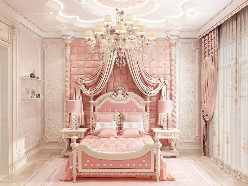 phòng ngủ màu hồng phong cách châu âu 
