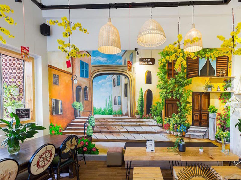 trang trí quán cafe bằng tranh tường tự vẽ