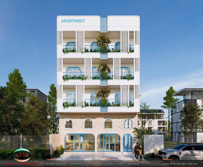 Phối cảnh 3d Mặt tiền căn hộ phong cách Địa Trung Hải