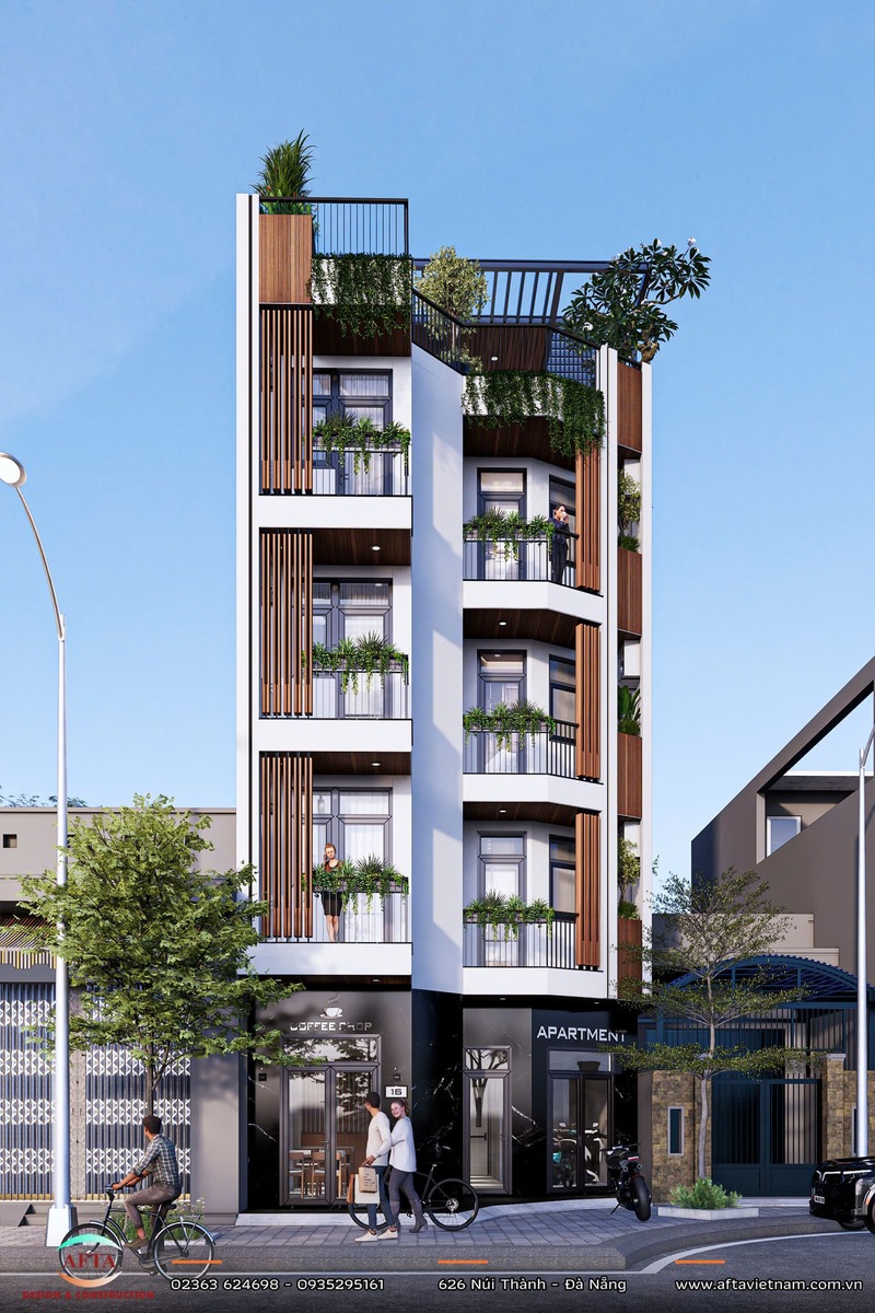 Mặt tiền ban ngày căn hộ kết hợp kinh doanh 5 tầng