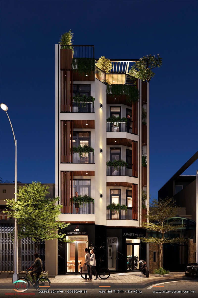 Mặt tiền ban đêm căn hộ kết hợp kinh doanh 5 tầng