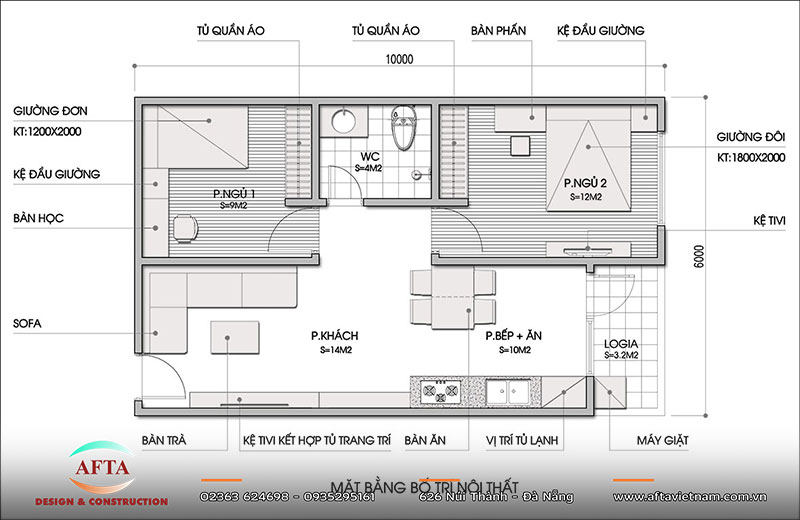 Bố trí không gian tham khảo cho căn hộ 50m2 gồm 2 phòng ngủ