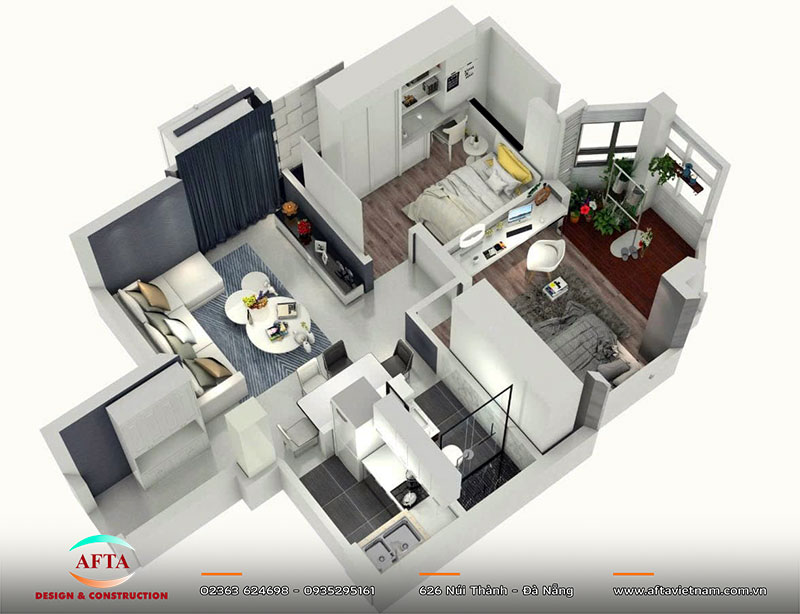 Cách phân bổ diện tích trong căn hộ 2 phòng ngủ 50-60m²