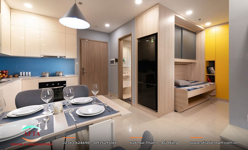 Không gian bếp mở trong căn hộ 1 phòng ngủ