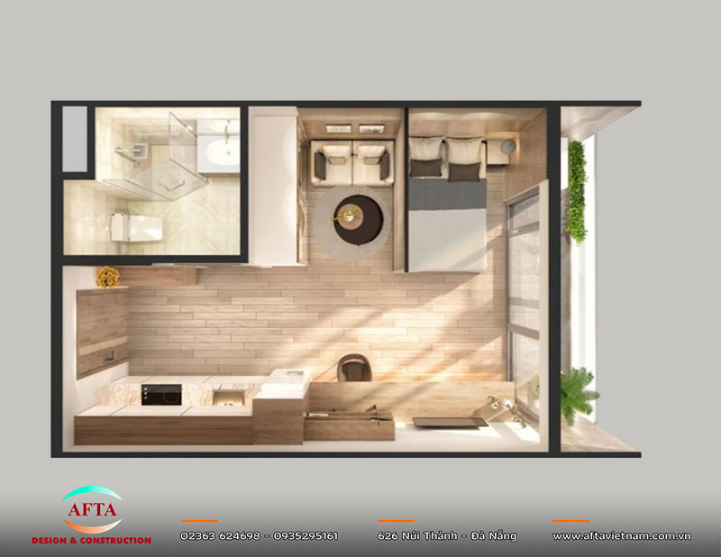 Mẫu căn hộ 1 phòng ngủ 30m² với mặt bằng gọn