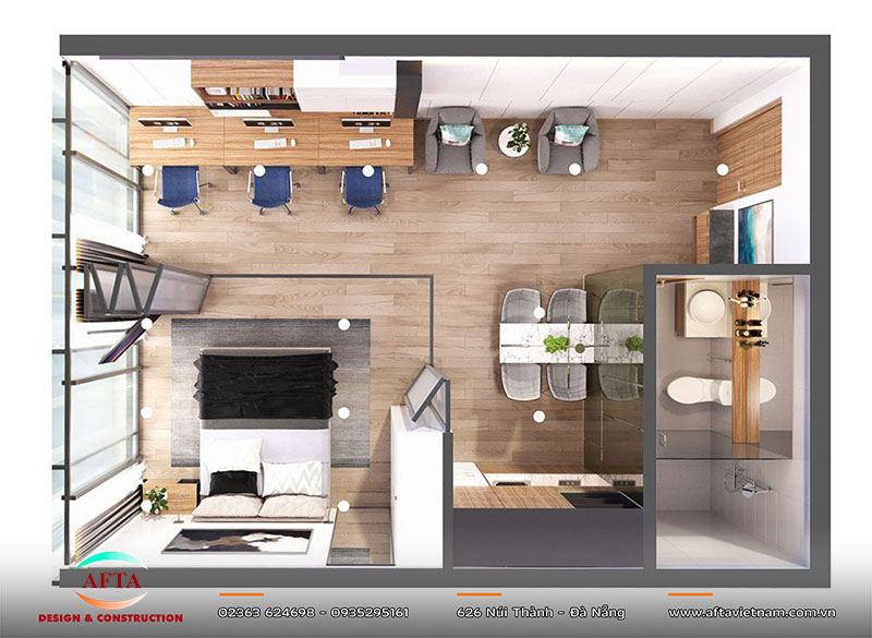 Mẫu căn hộ 1 phòng ngủ 40m² cân bằng giữa các khu chức năng