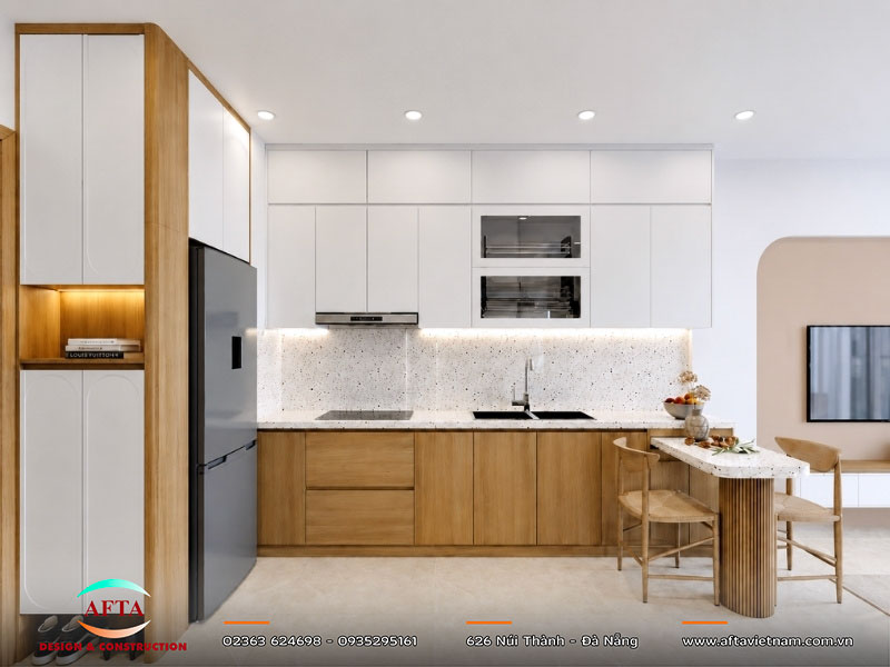 Bếp chữ L ở góc, bàn ăn đặt liền kề 2