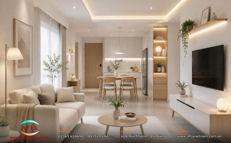 Phòng khách rộng, bếp thu gọn về một góc