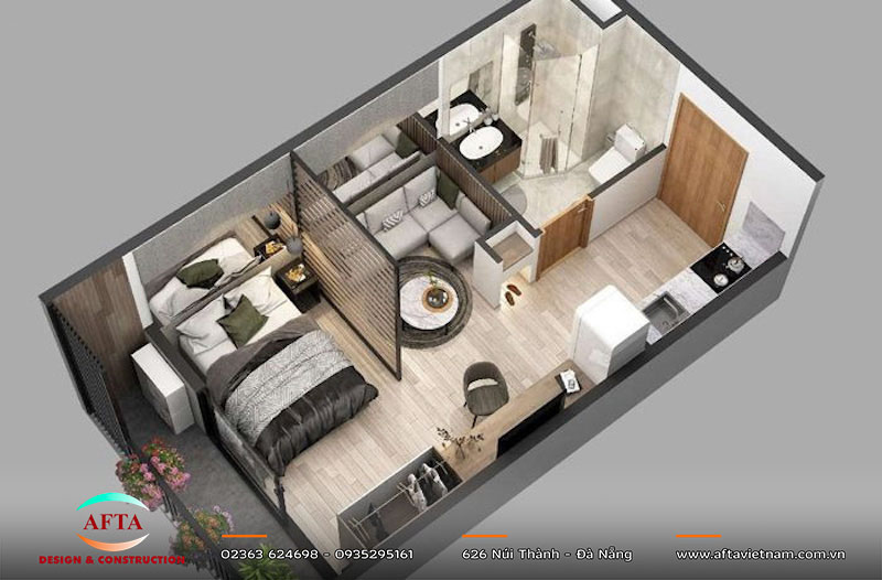Tổ chức không gian và trục kỹ thuật cho căn hộ 45m2