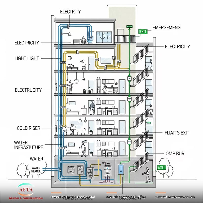 Bố trí bếp, WC và trục kỹ thuật giữa các tầng