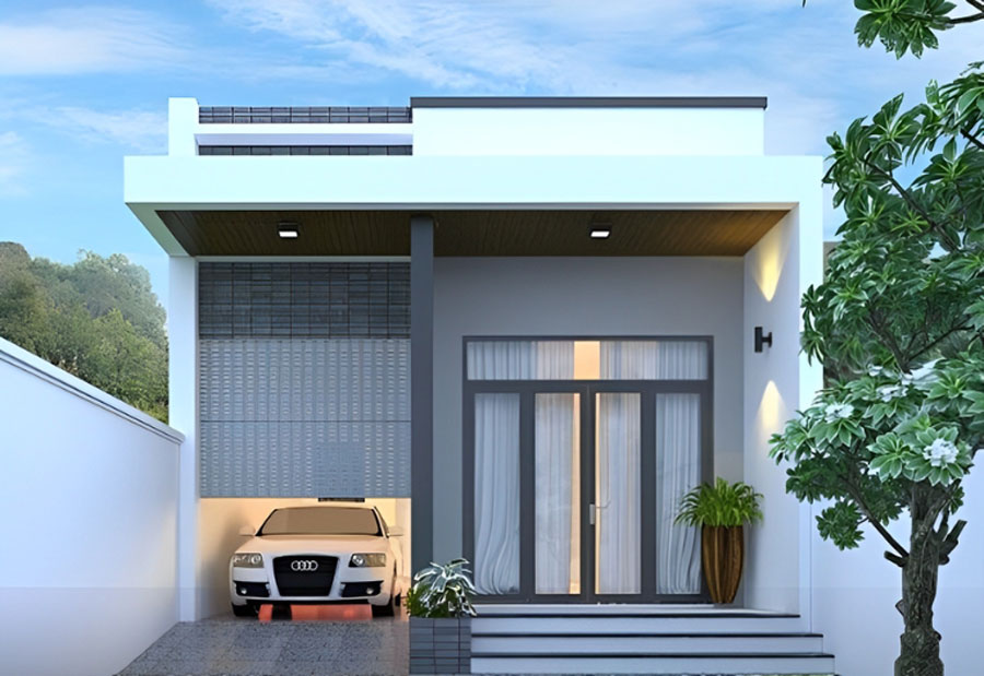 Cầu thang đặt giữa nhà trong mẫu 30m² mái tôn giật cấp