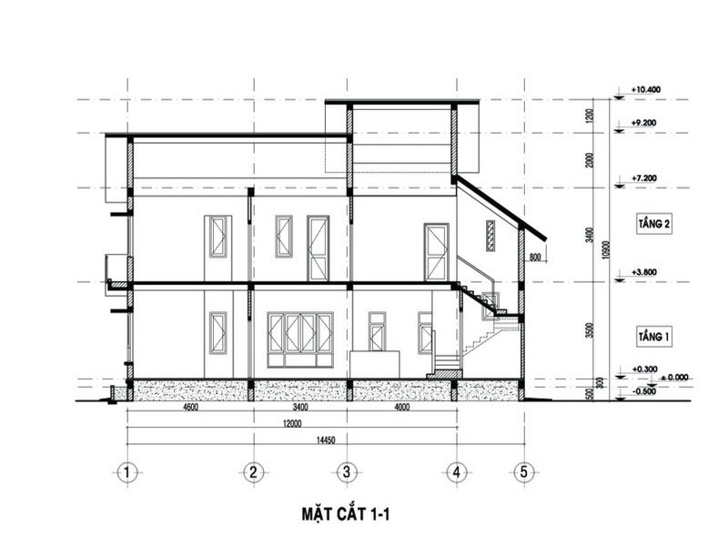 Mặt cắt đứng thể hiện chiều cao thông tầng và khoảng không dưới gác